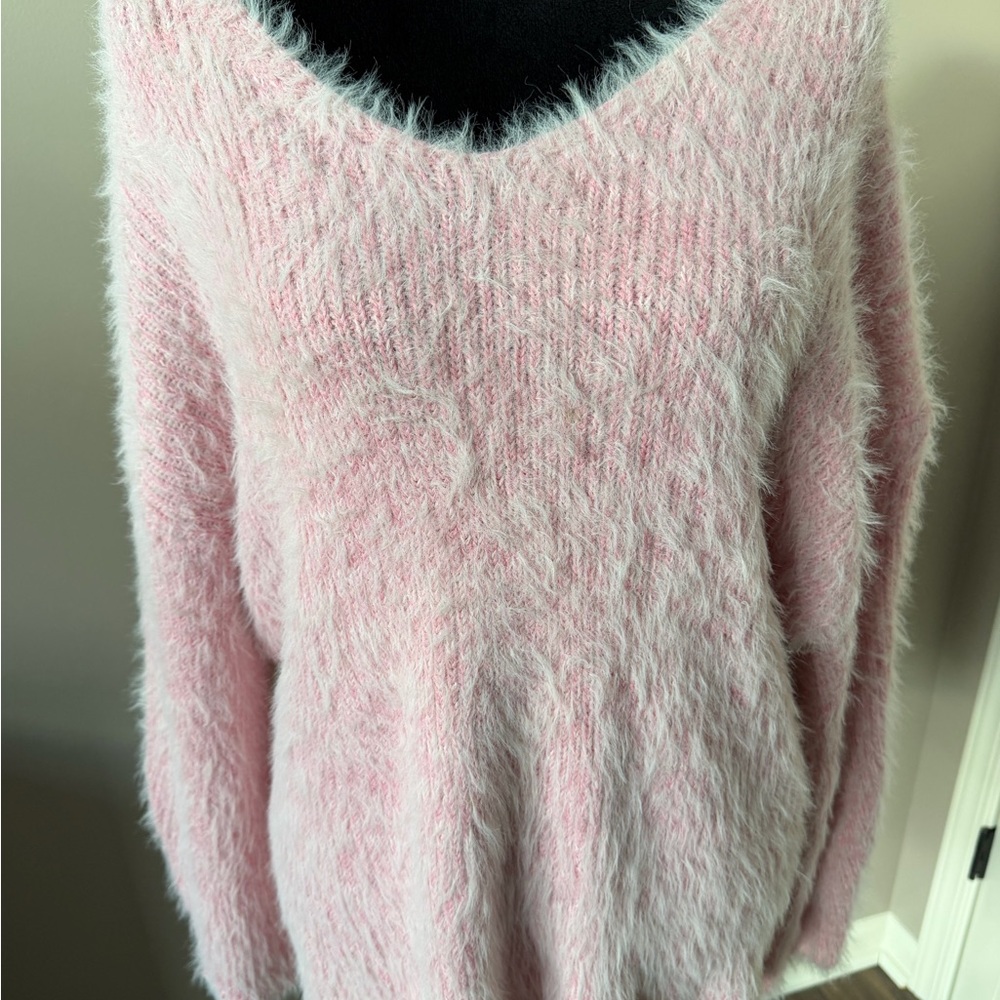 Soft V-Neck Fuzzy Pink Women's Sweater